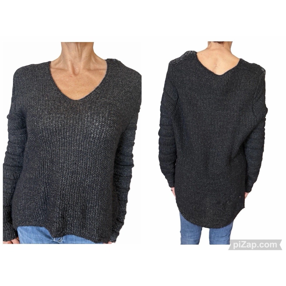 Helmut Lang Sweater Black V Neck Chunky Knit Hi Lo Hem Wool Alpaca Pullover L